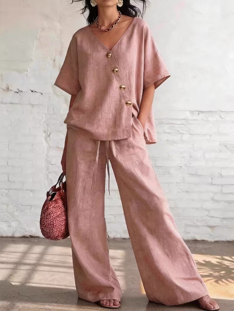 V-Neck Buttoned Top & Drawstring Wide-Leg Pants
