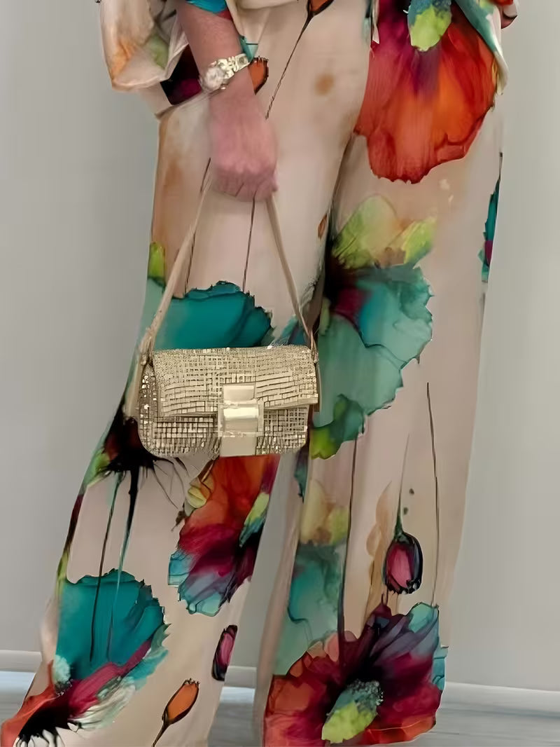 Women’s Plus-Size Casual 2-Piece Set – Off-Shoulder Batwing Top & Printed Pants