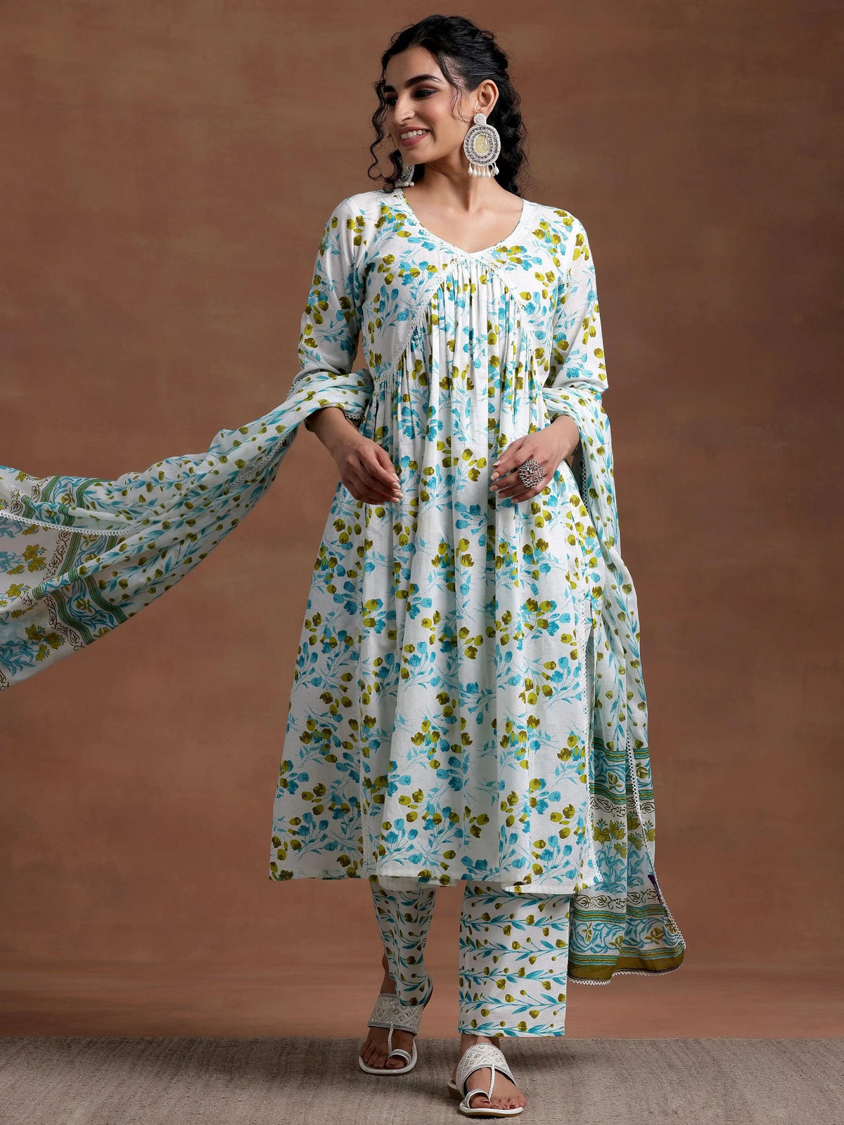 Anouk Off White Printed Cotton A-Line Kurta With Palazzos & Dupatta