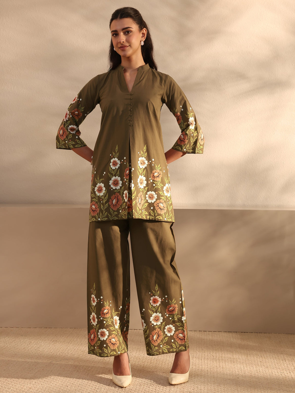 Anouk Brown Floral Printed Front Slit Cotton Co-Ord Set