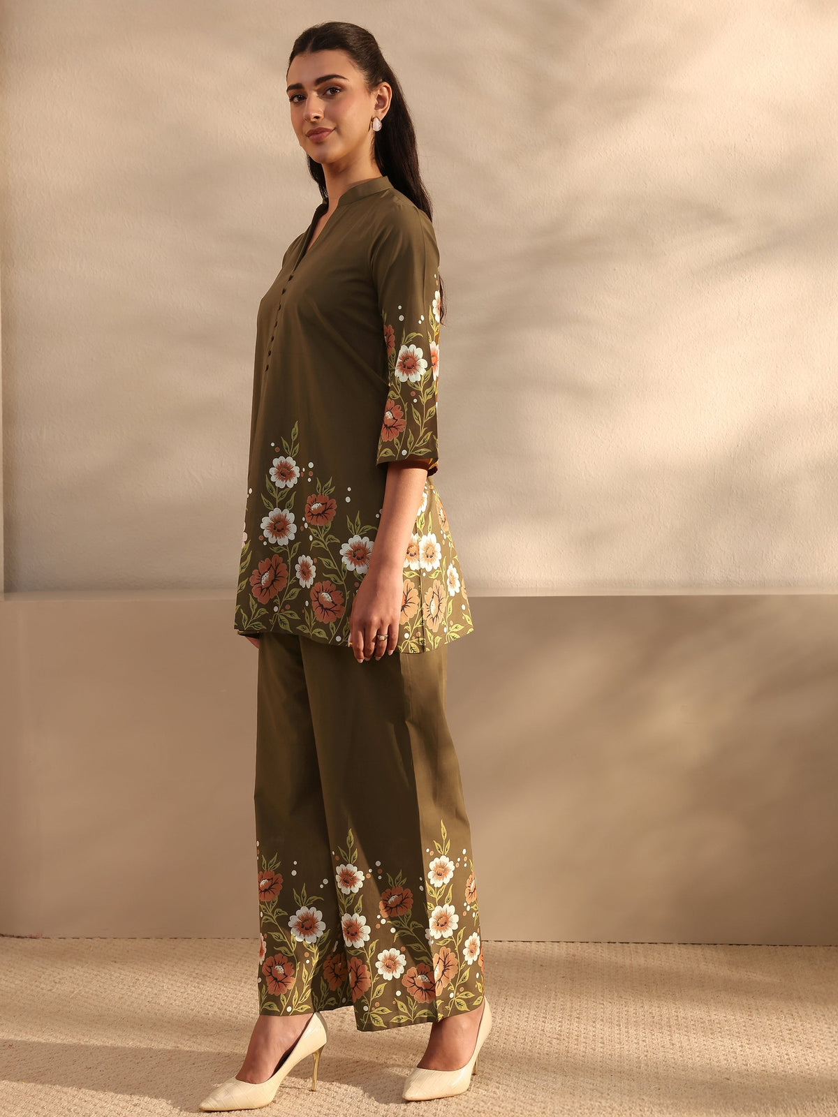Anouk Brown Floral Printed Front Slit Cotton Co-Ord Set