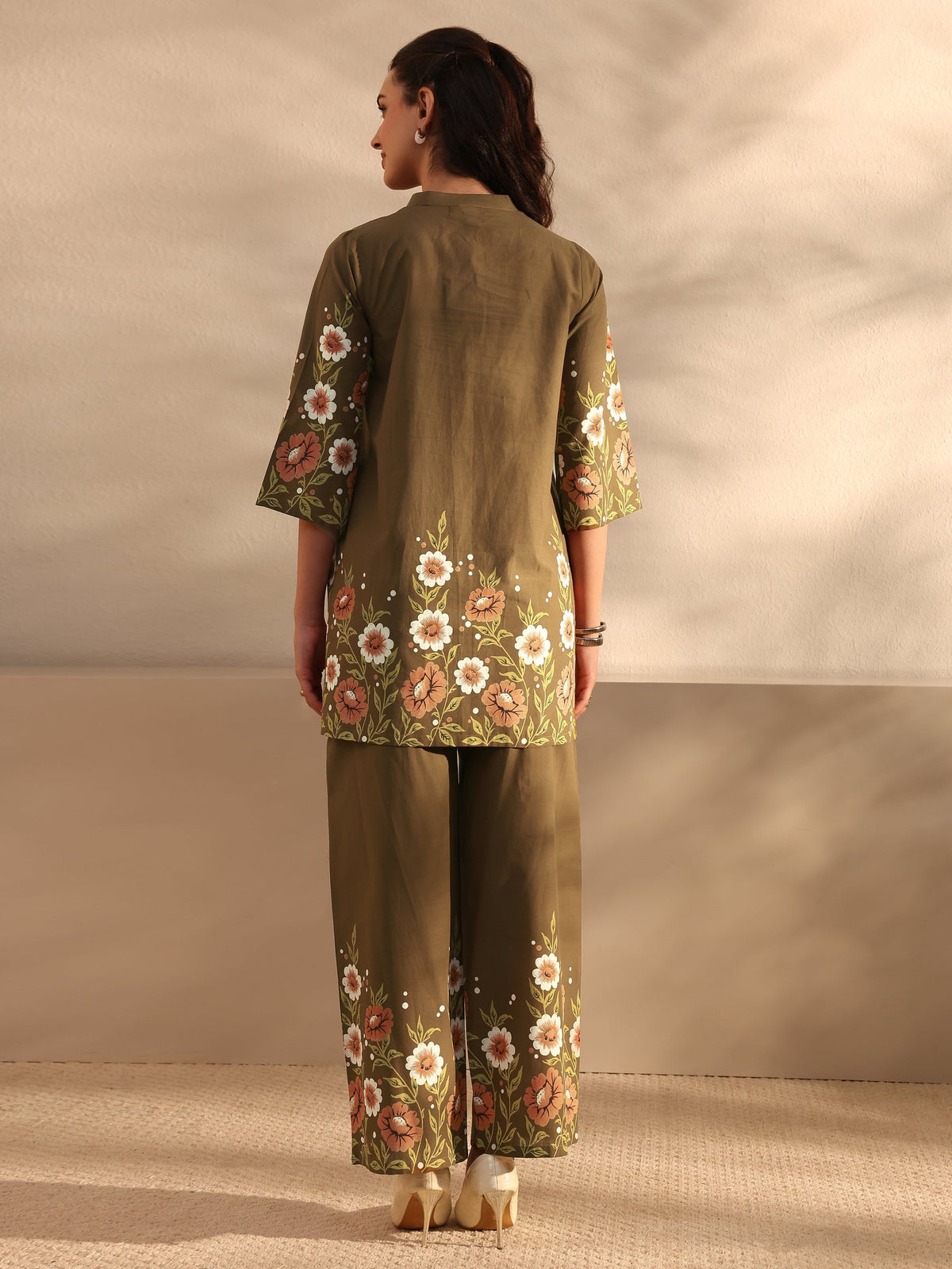 Anouk Brown Floral Printed Front Slit Cotton Co-Ord Set