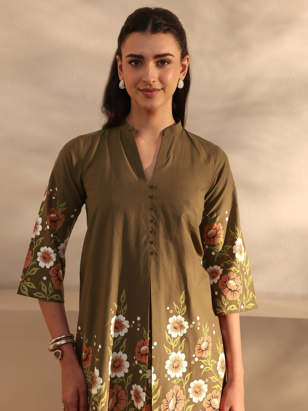 Anouk Brown Floral Printed Front Slit Cotton Co-Ord Set