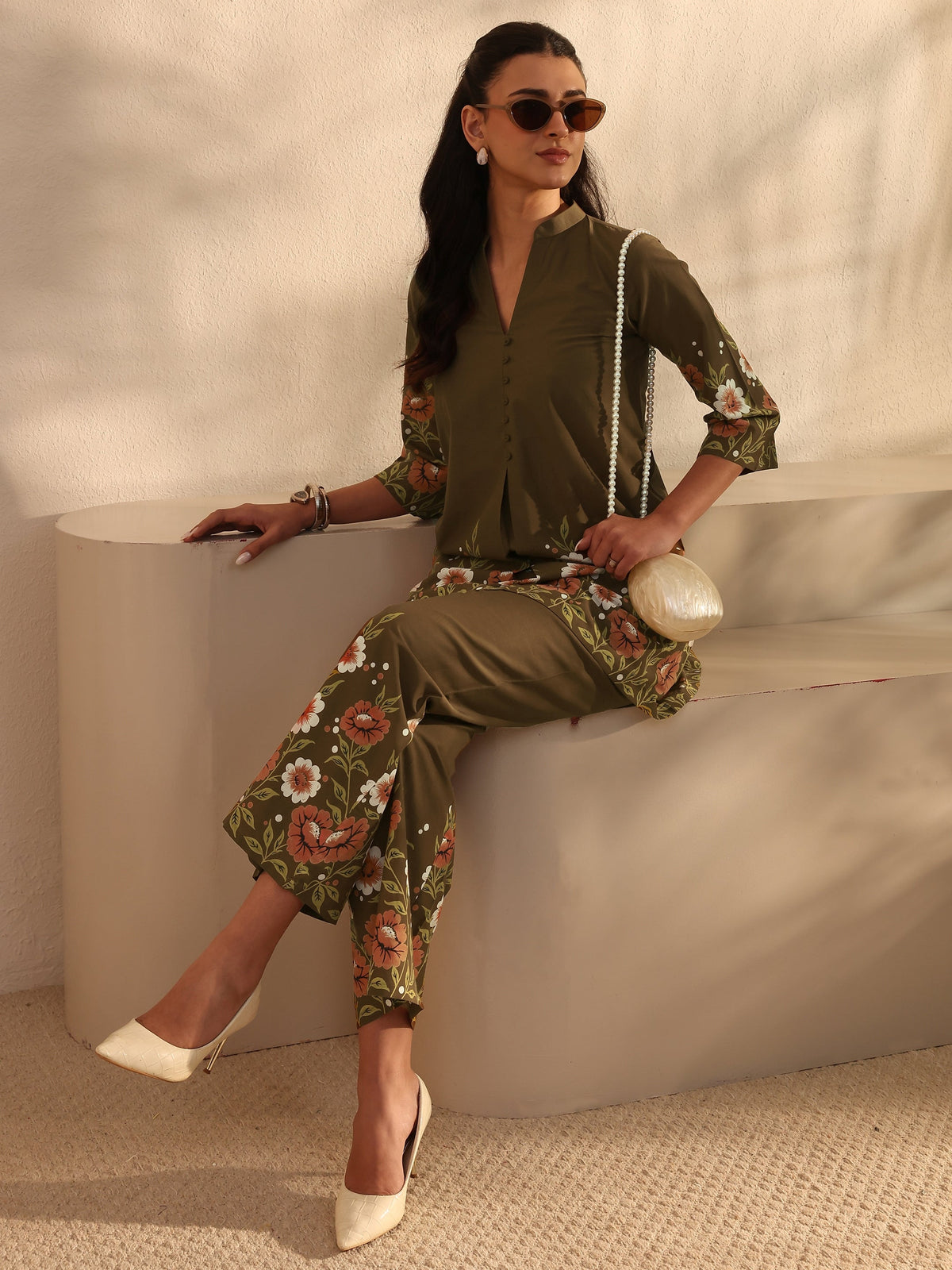 Anouk Brown Floral Printed Front Slit Cotton Co-Ord Set