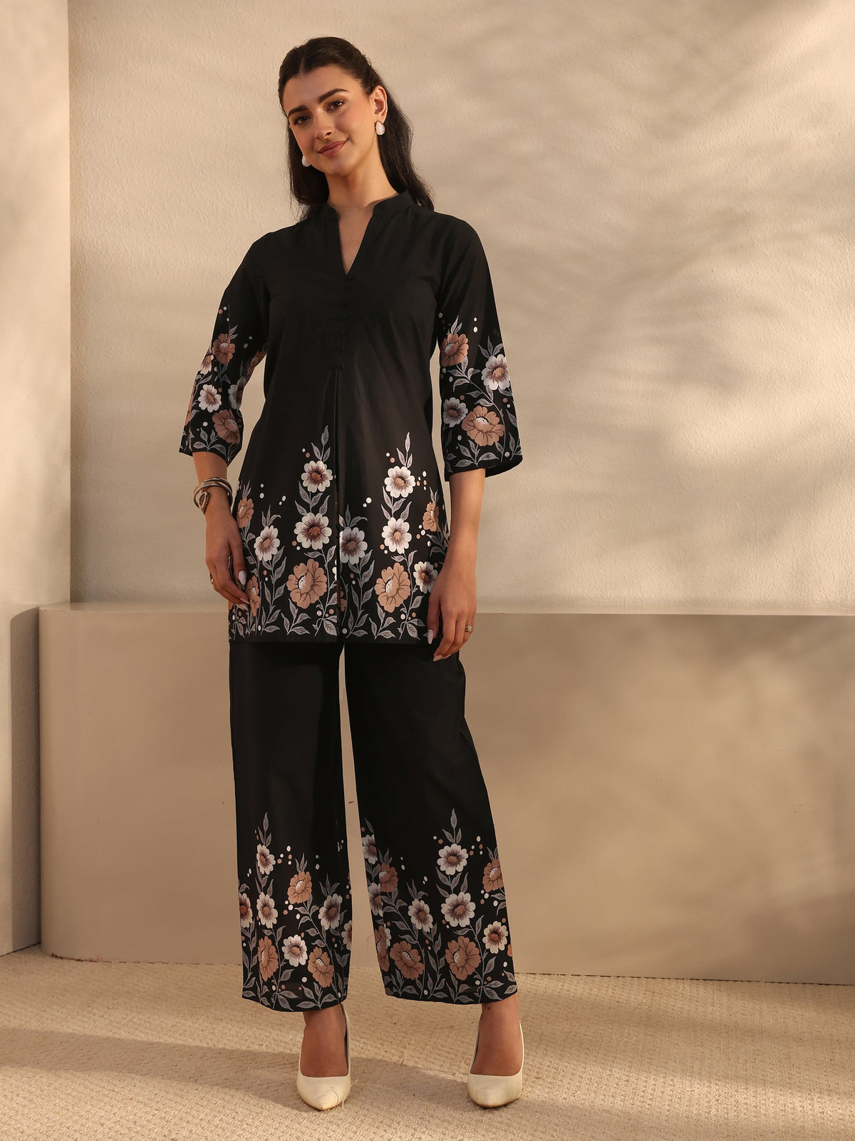 Anouk Black Floral Printed Cotton Front Slit Co-Ord Set