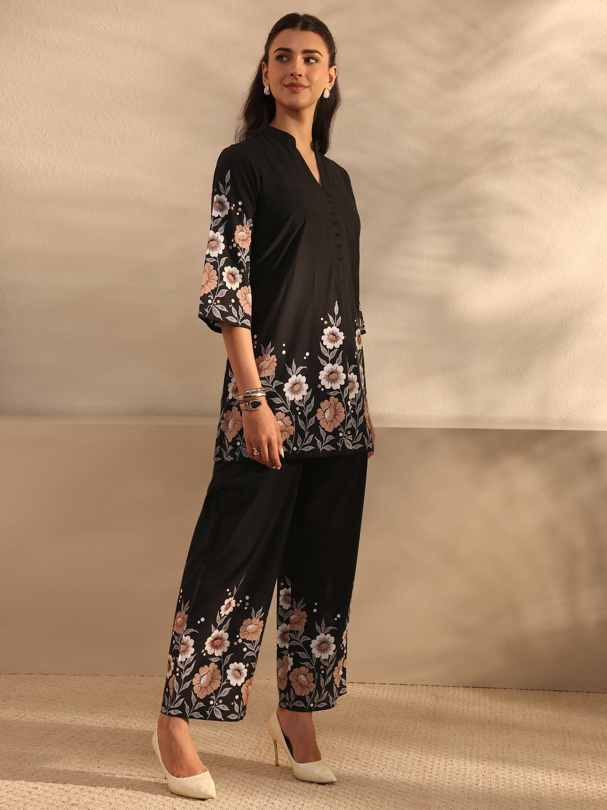 Anouk Black Floral Printed Cotton Front Slit Co-Ord Set
