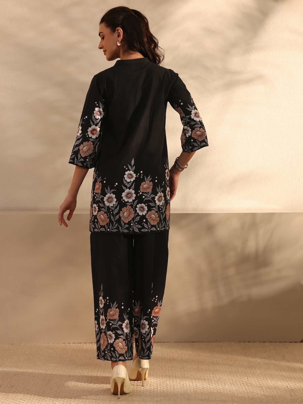 Anouk Black Floral Printed Cotton Front Slit Co-Ord Set