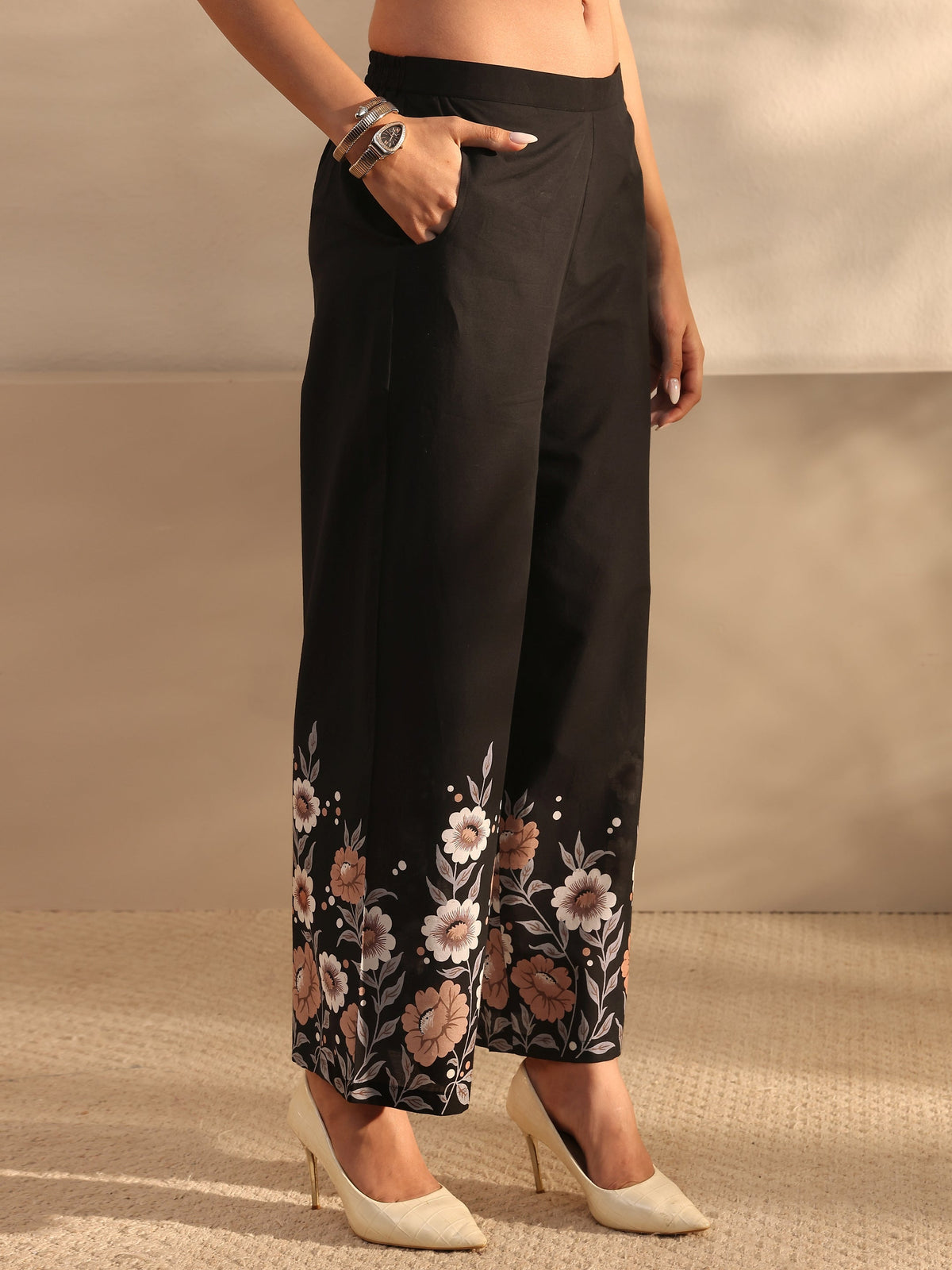 Anouk Black Floral Printed Cotton Front Slit Co-Ord Set
