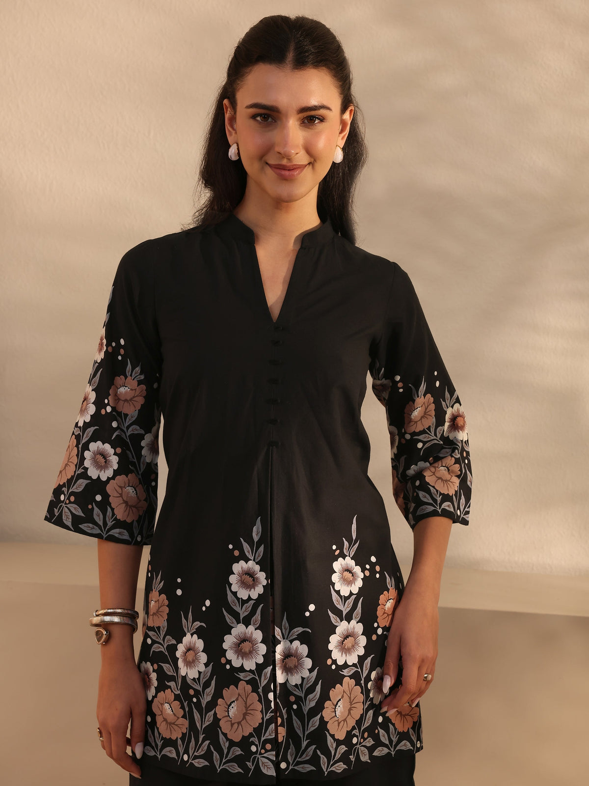 Anouk Black Floral Printed Cotton Front Slit Co-Ord Set