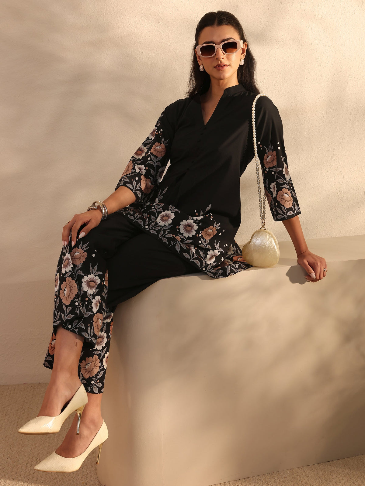Anouk Black Floral Printed Cotton Front Slit Co-Ord Set