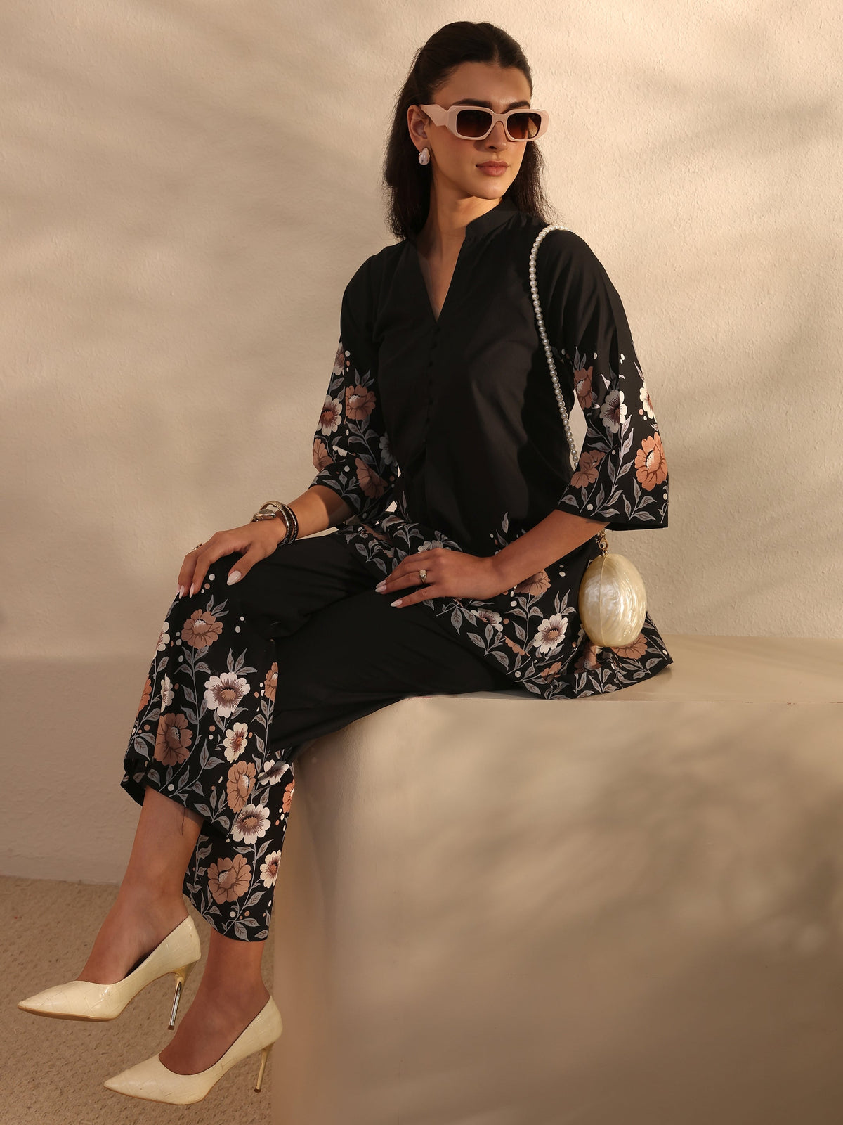 Anouk Black Floral Printed Cotton Front Slit Co-Ord Set