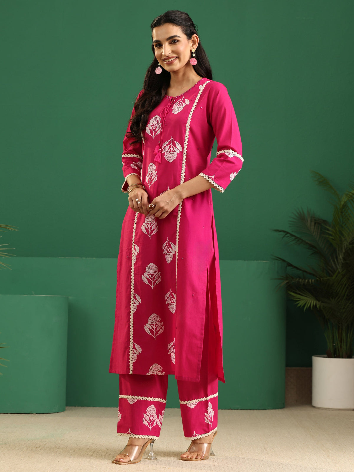 Anouk Fuchsia Pink Floral Printed Cotton Straight Suit Set