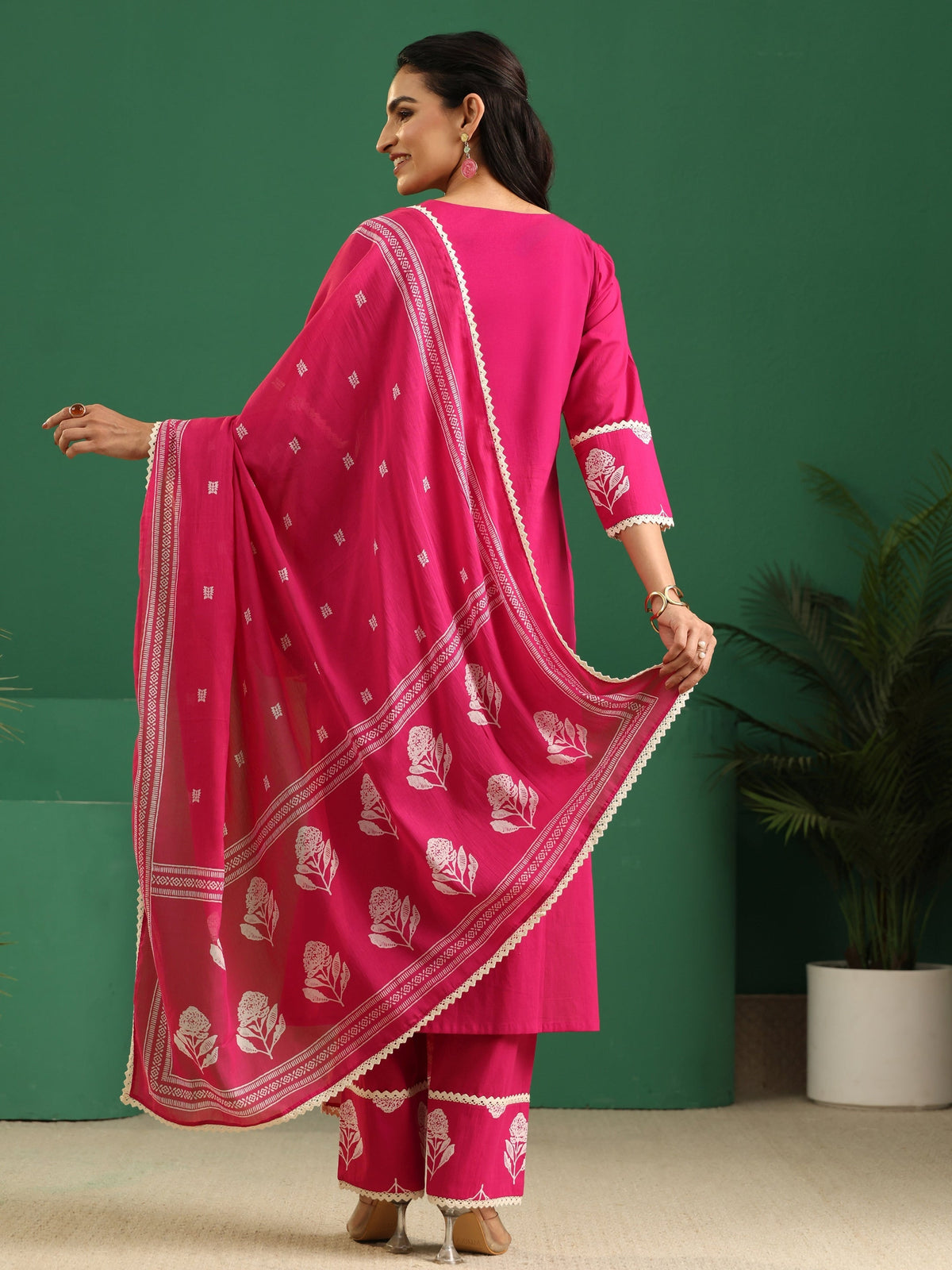 Anouk Fuchsia Pink Floral Printed Cotton Straight Suit Set