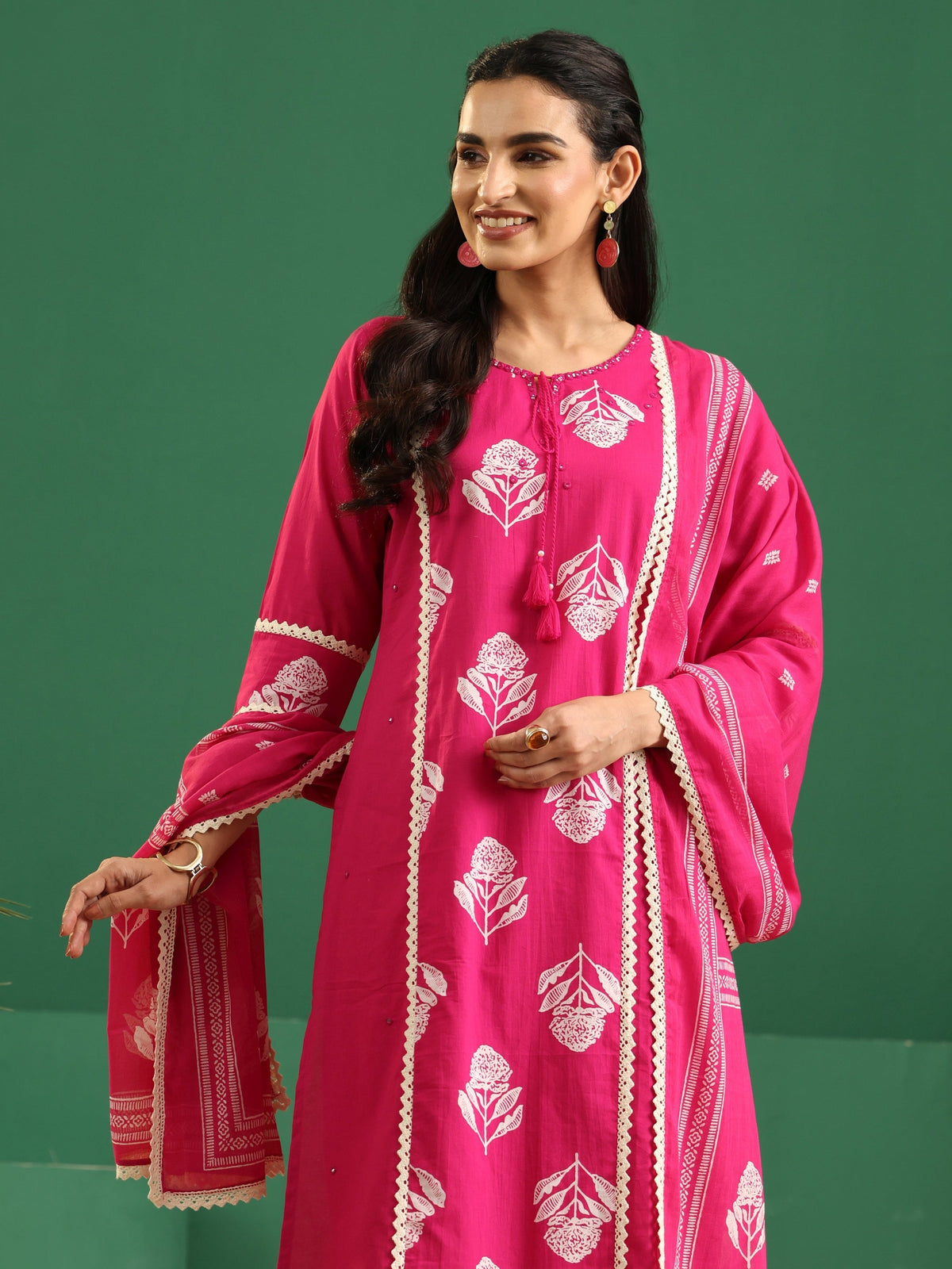 Anouk Fuchsia Pink Floral Printed Cotton Straight Suit Set