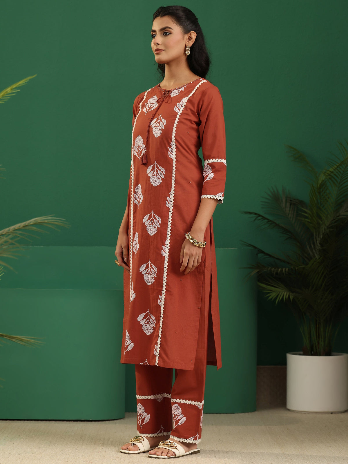 Anouk Burnt Orange Floral Printed Cotton Straight Suit Set
