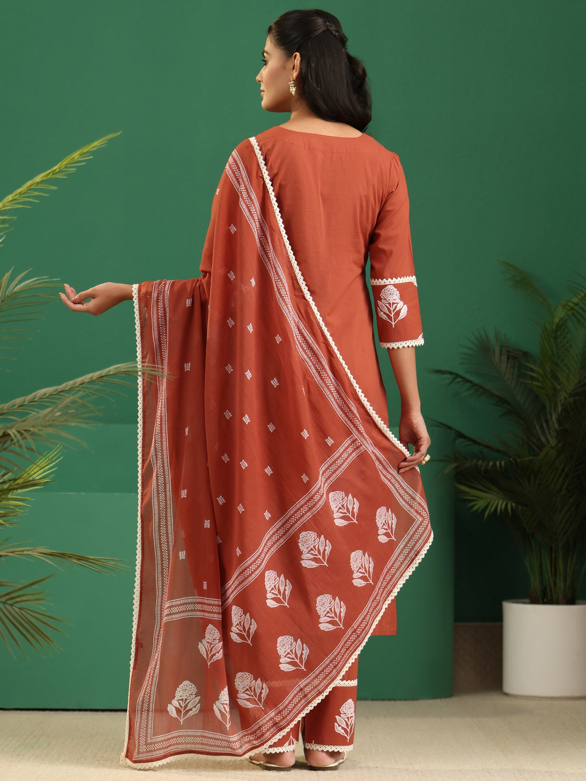 Anouk Burnt Orange Floral Printed Cotton Straight Suit Set