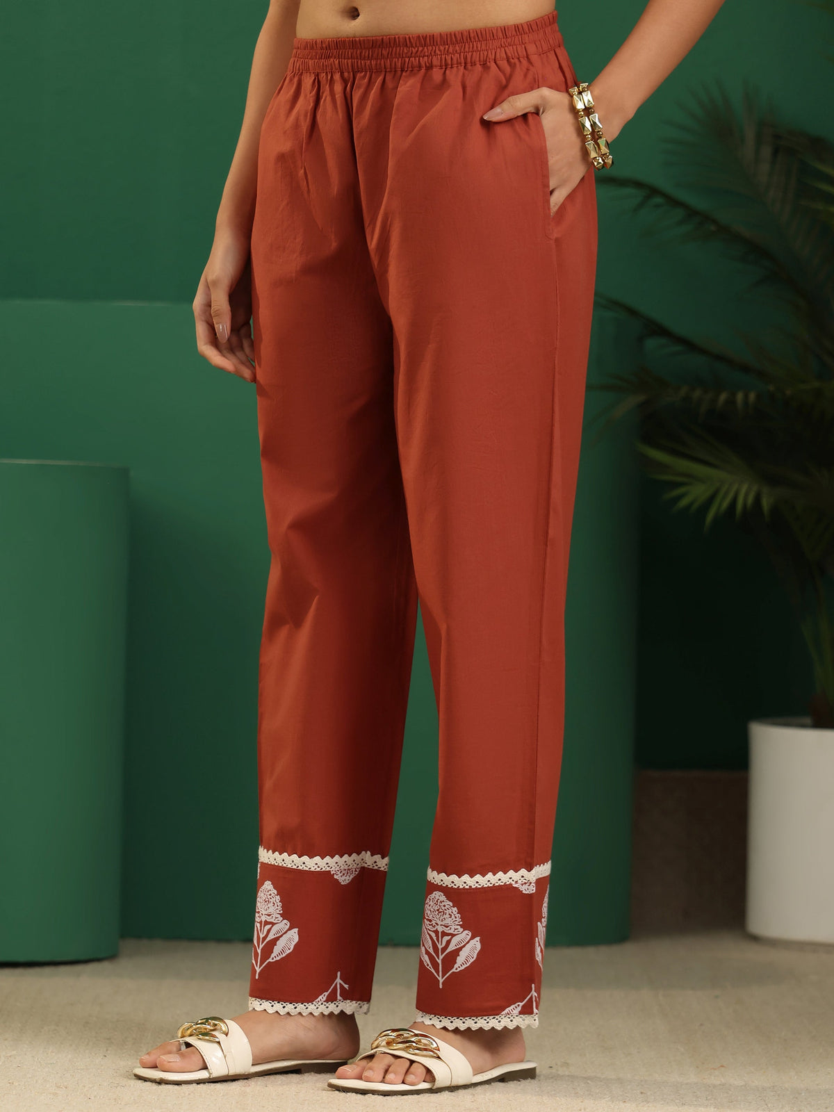 Anouk Burnt Orange Floral Printed Cotton Straight Suit Set