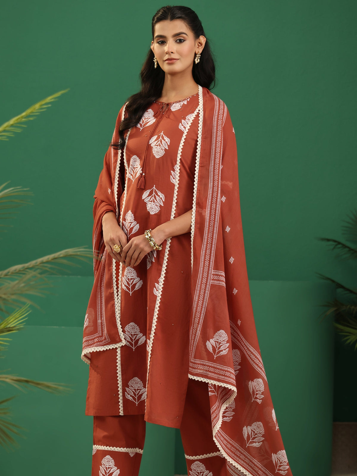 Anouk Burnt Orange Floral Printed Cotton Straight Suit Set