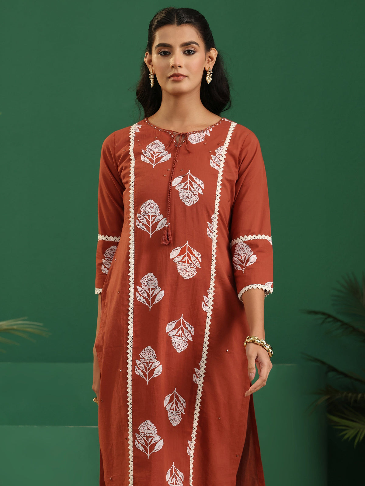 Anouk Burnt Orange Floral Printed Cotton Straight Suit Set