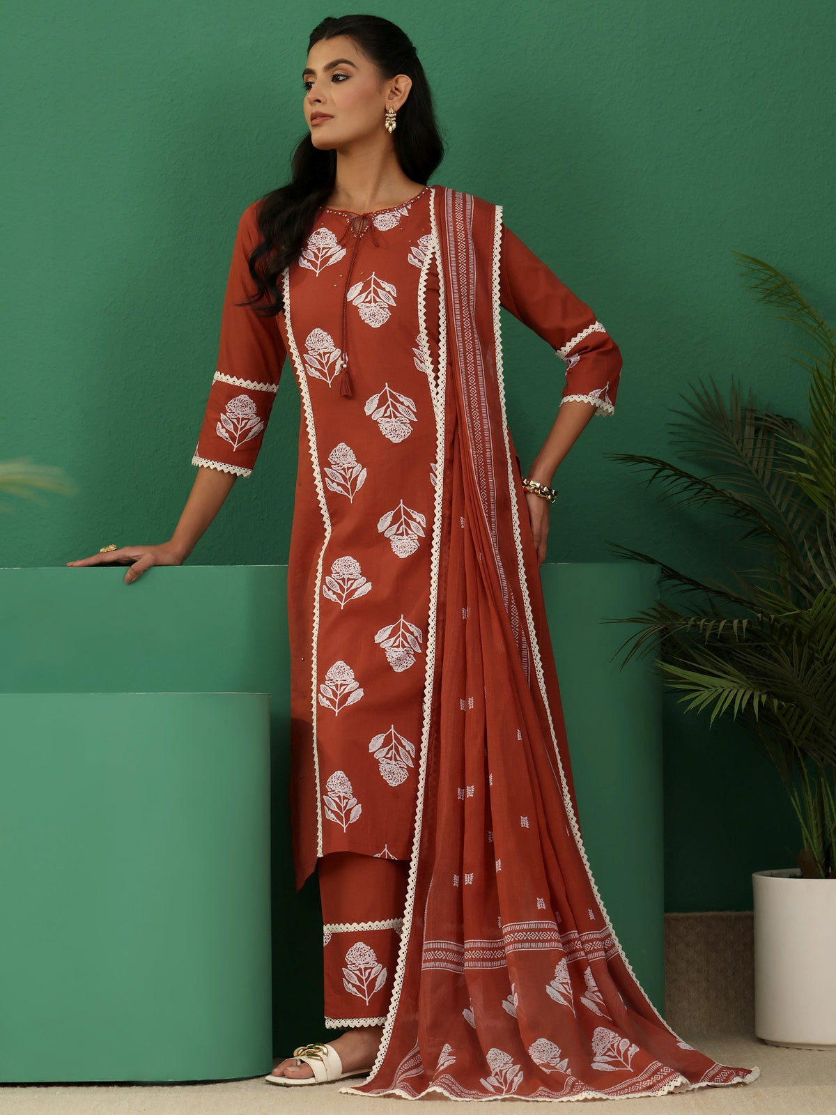 Anouk Burnt Orange Floral Printed Cotton Straight Suit Set