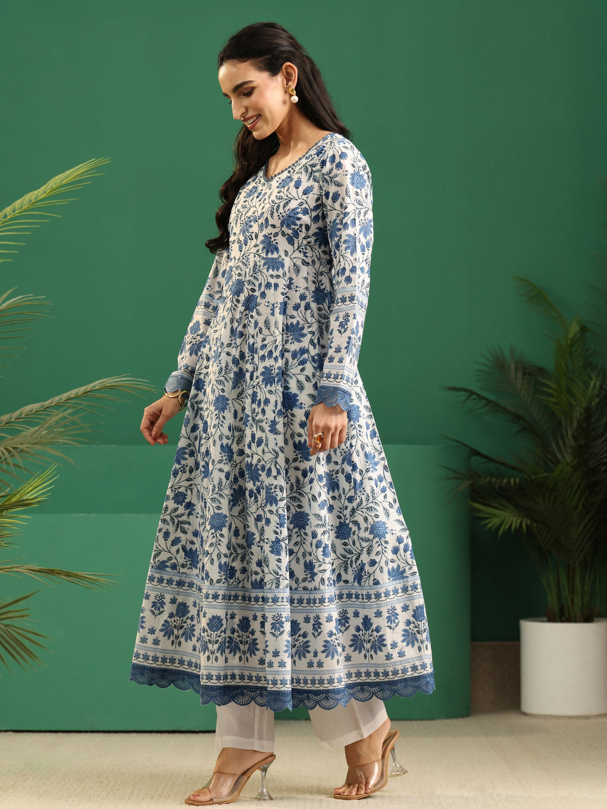 Anouk White Floral Printed Cotton Anarkali Suit Set