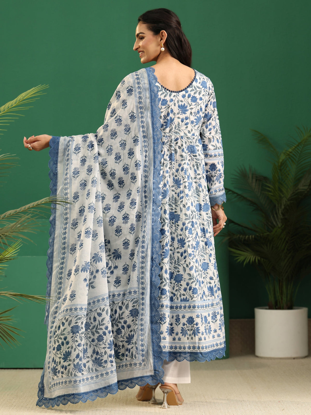 Anouk White Floral Printed Cotton Anarkali Suit Set