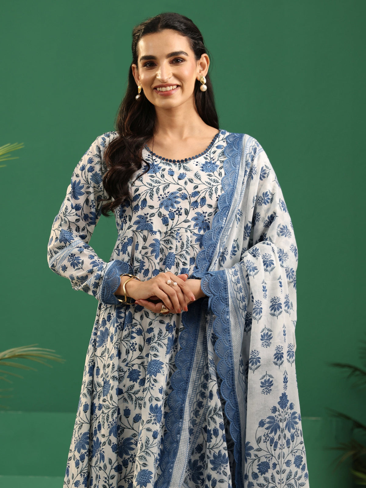 Anouk White Floral Printed Cotton Anarkali Suit Set
