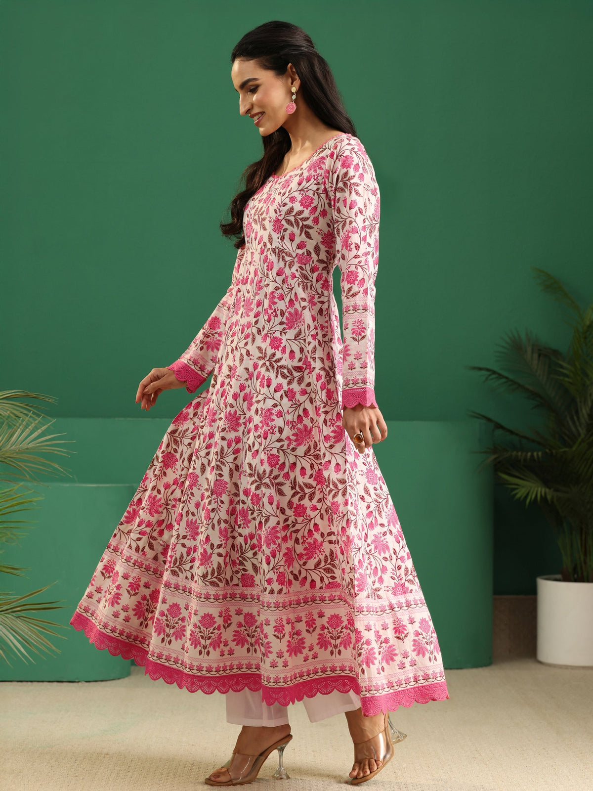 Anouk Cream Floral Printed Cotton Anarkali Suit Set