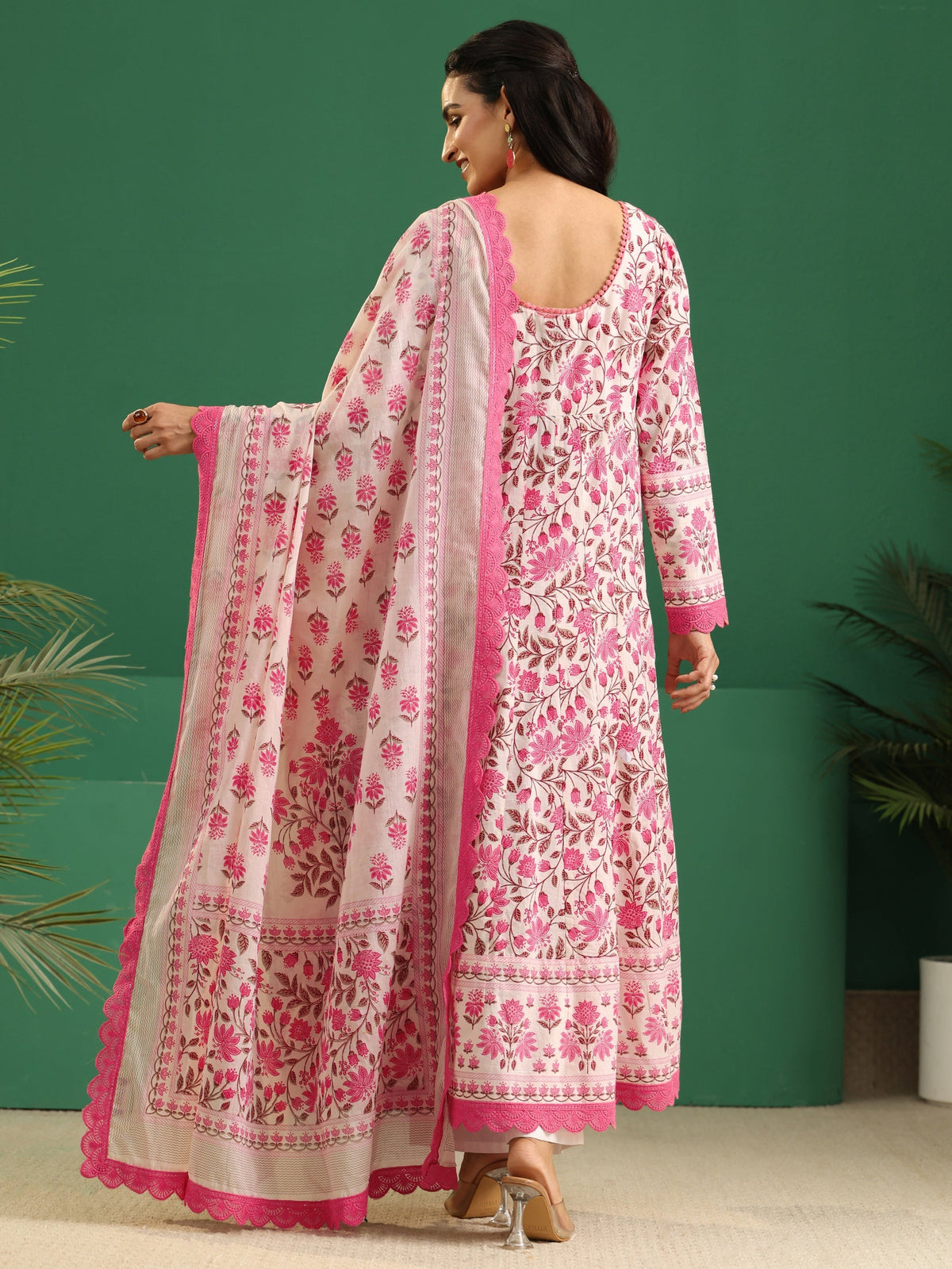 Anouk Cream Floral Printed Cotton Anarkali Suit Set