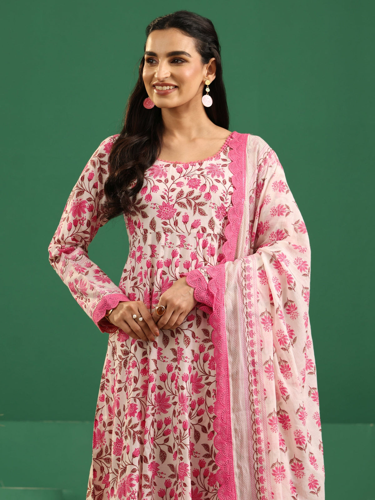 Anouk Cream Floral Printed Cotton Anarkali Suit Set