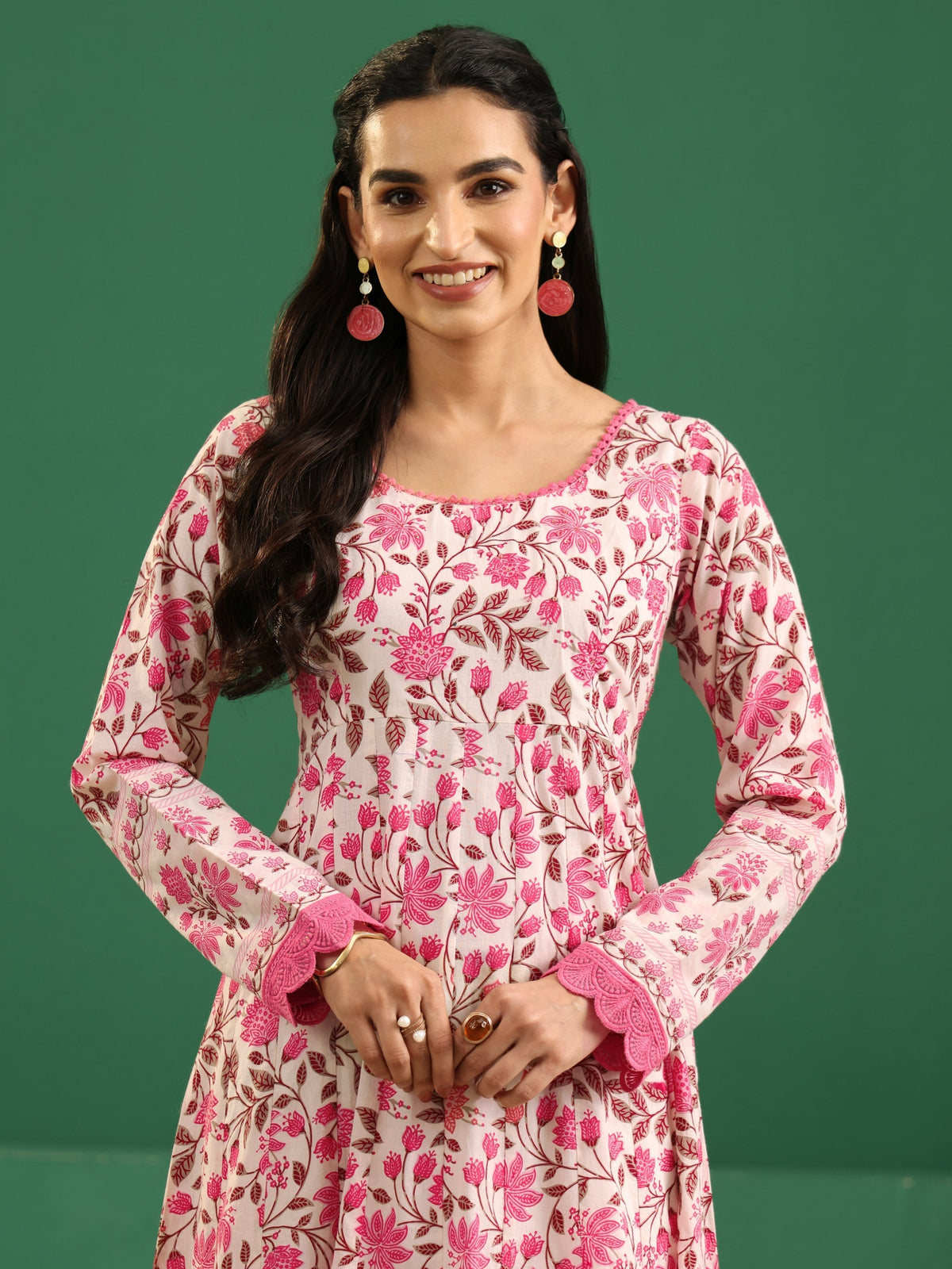 Anouk Cream Floral Printed Cotton Anarkali Suit Set