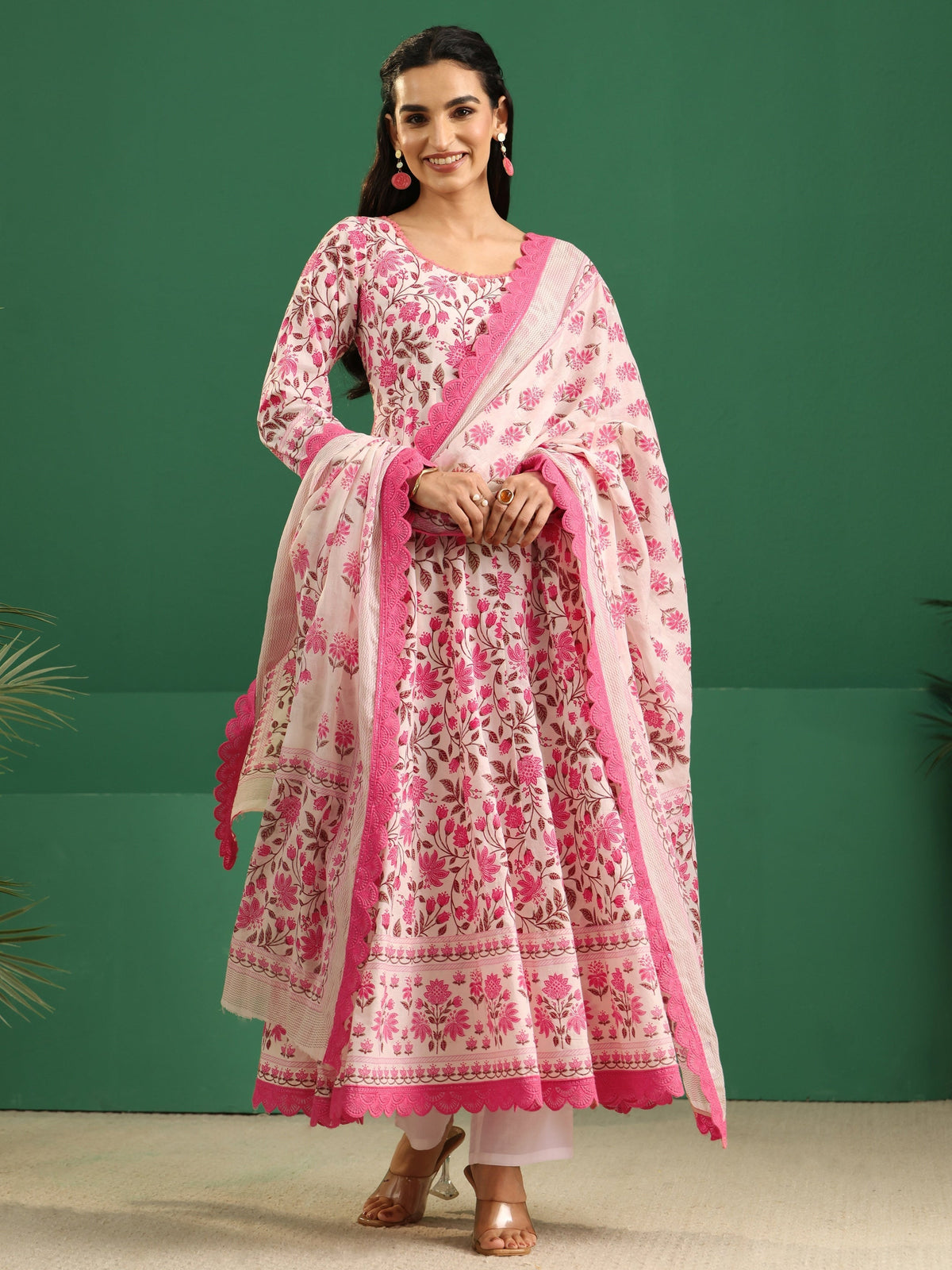 Anouk Cream Floral Printed Cotton Anarkali Suit Set