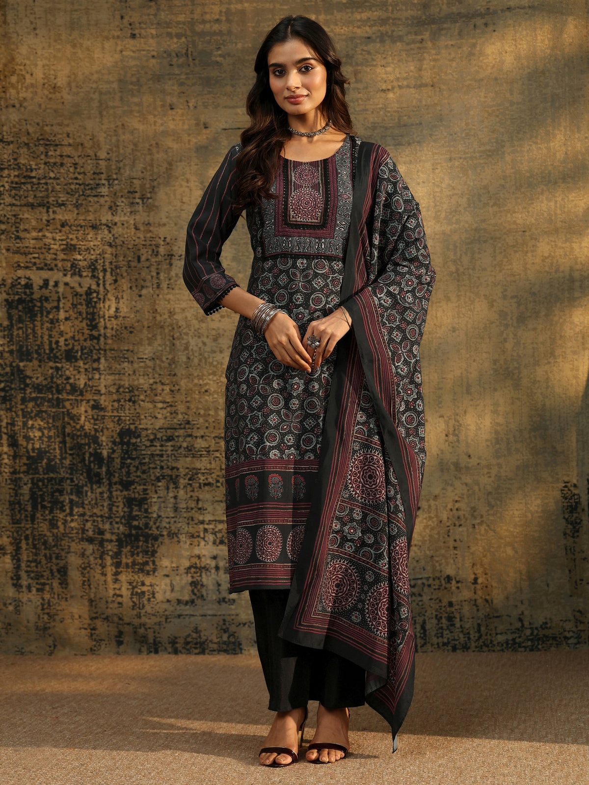 Anouk Black Ajrakh Silk Blend Straight Suit Set