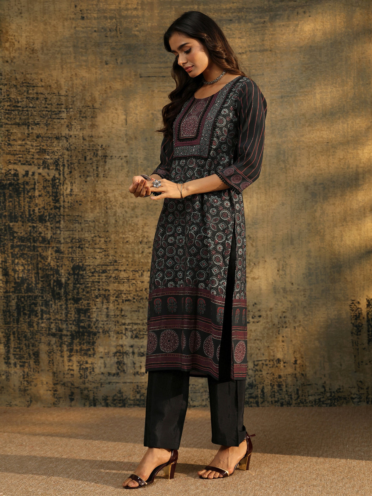 Anouk Black Ajrakh Silk Blend Straight Suit Set