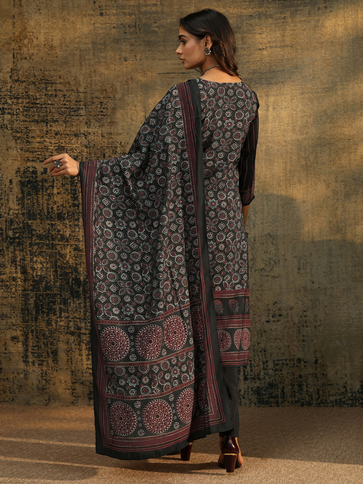 Anouk Black Ajrakh Silk Blend Straight Suit Set