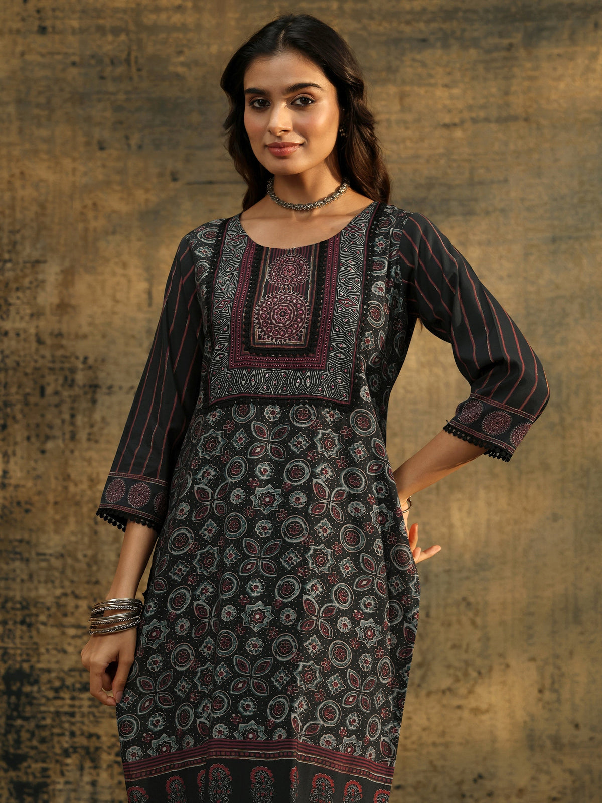 Anouk Black Ajrakh Silk Blend Straight Suit Set