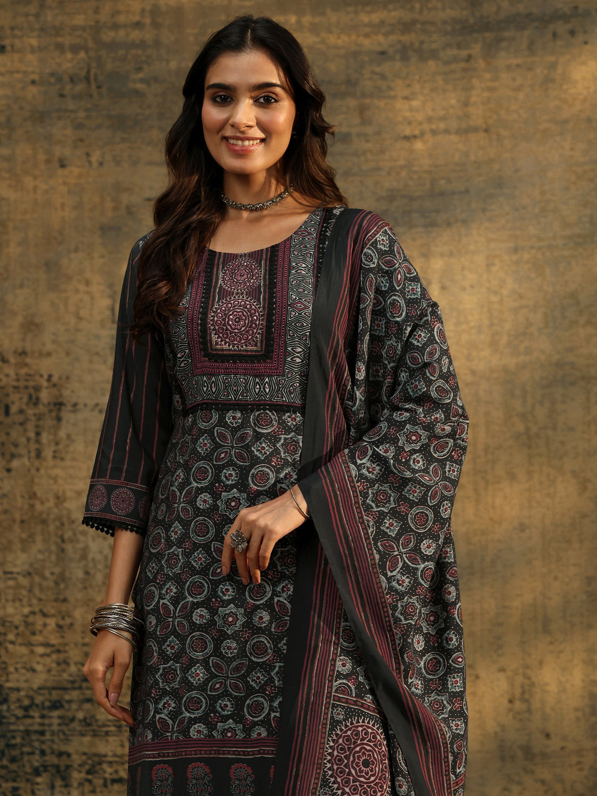 Anouk Black Ajrakh Silk Blend Straight Suit Set