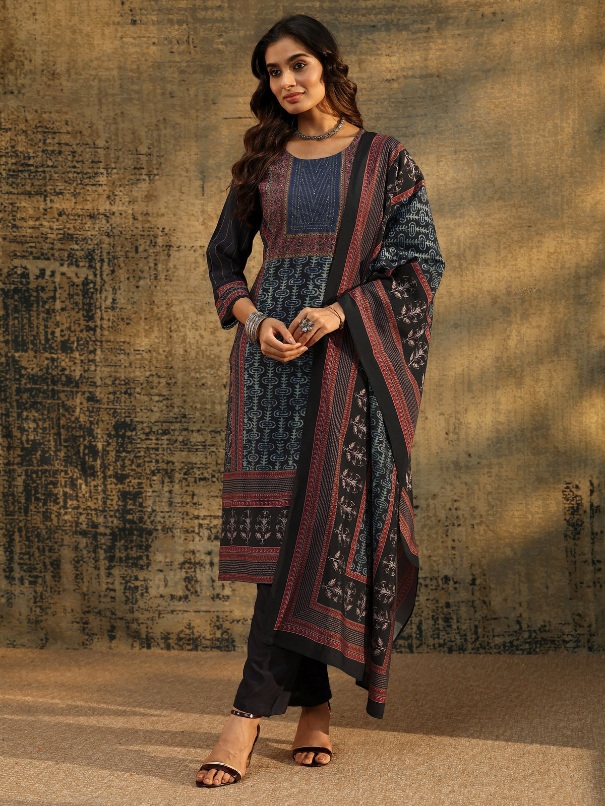 Anouk Navy Blue Ajrakh Silk Blend Straight Suit Set