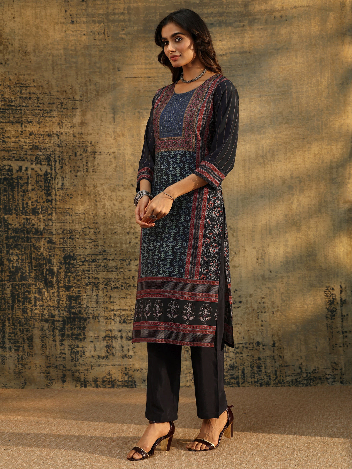 Anouk Navy Blue Ajrakh Silk Blend Straight Suit Set