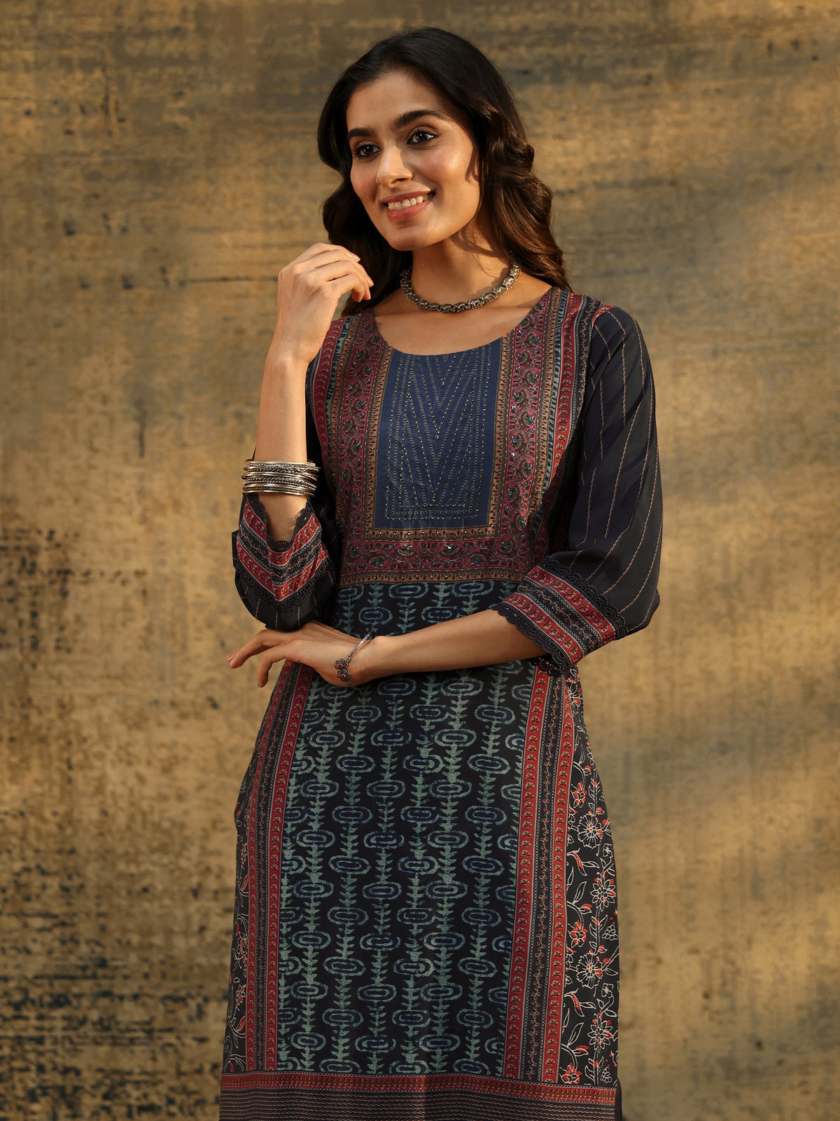 Anouk Navy Blue Ajrakh Silk Blend Straight Suit Set