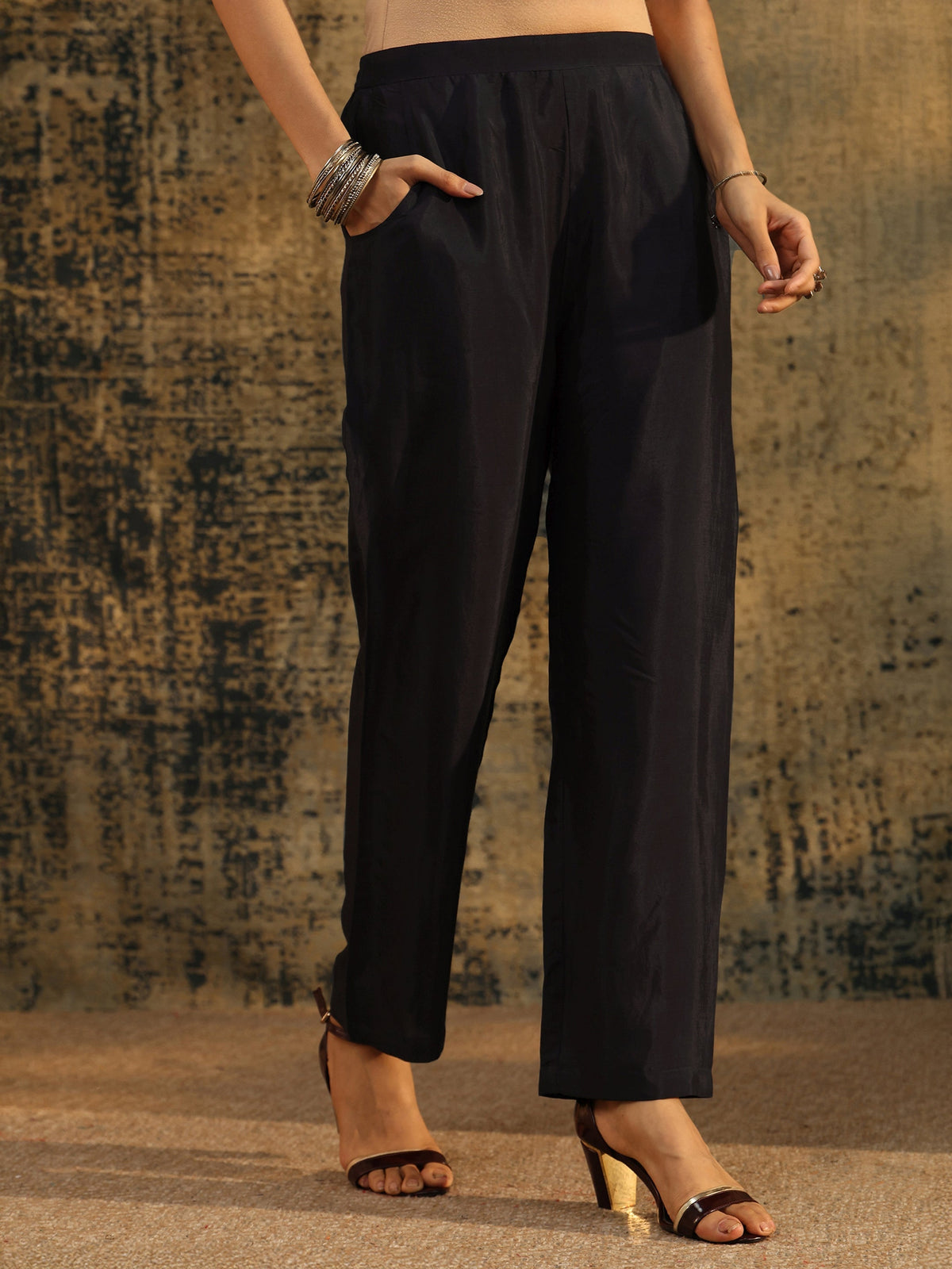 Anouk Navy Blue Ajrakh Silk Blend Straight Suit Set