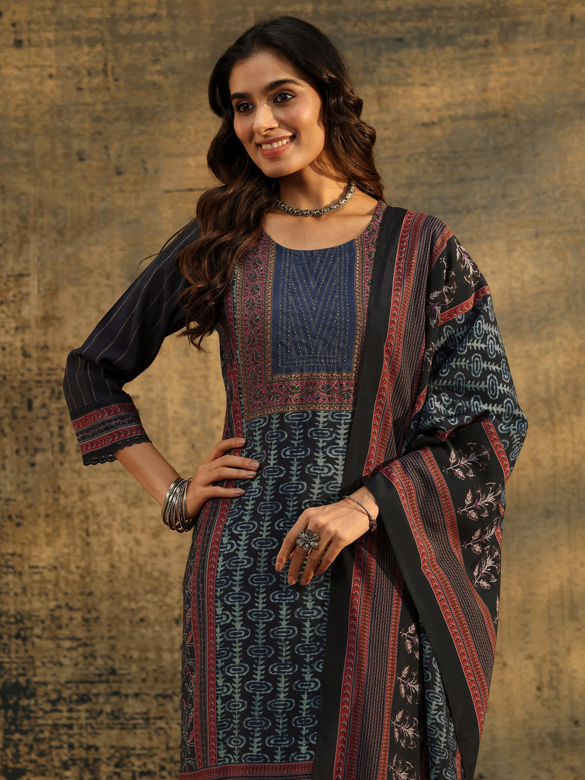 Anouk Navy Blue Ajrakh Silk Blend Straight Suit Set