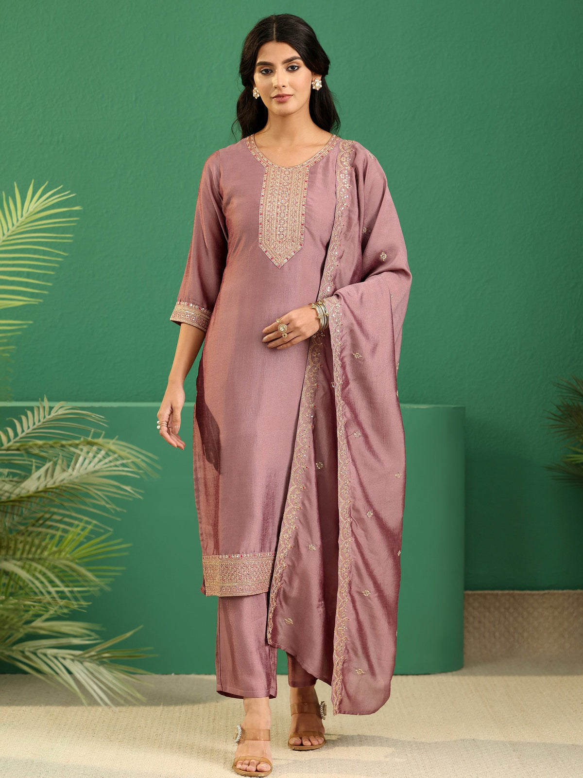 Anouk Mauve Embellished Chanderi Silk Straight Suit Set