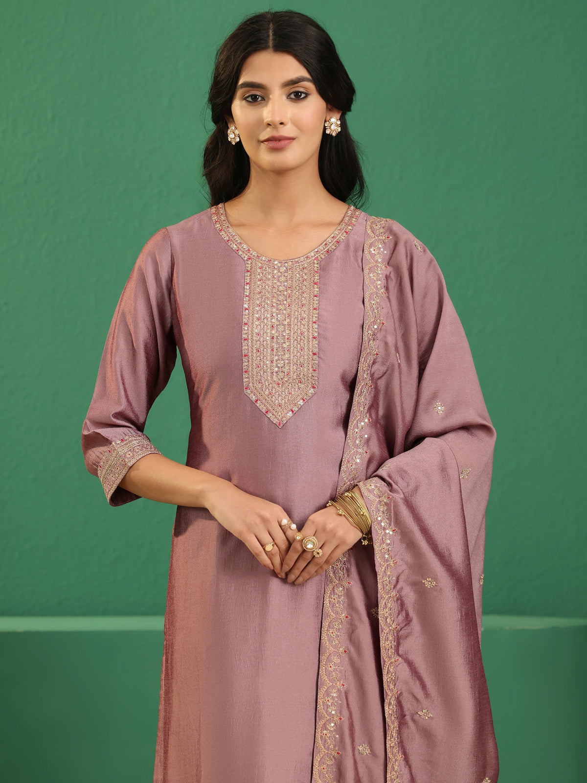 Anouk Mauve Embellished Chanderi Silk Straight Suit Set