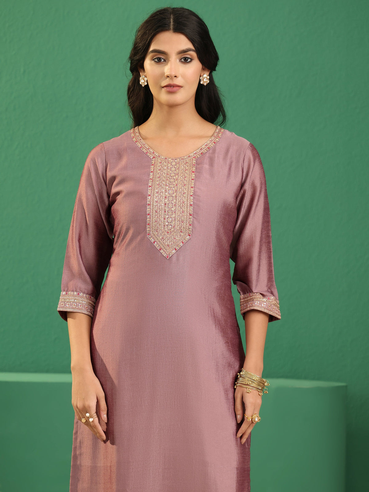 Anouk Mauve Embellished Chanderi Silk Straight Suit Set