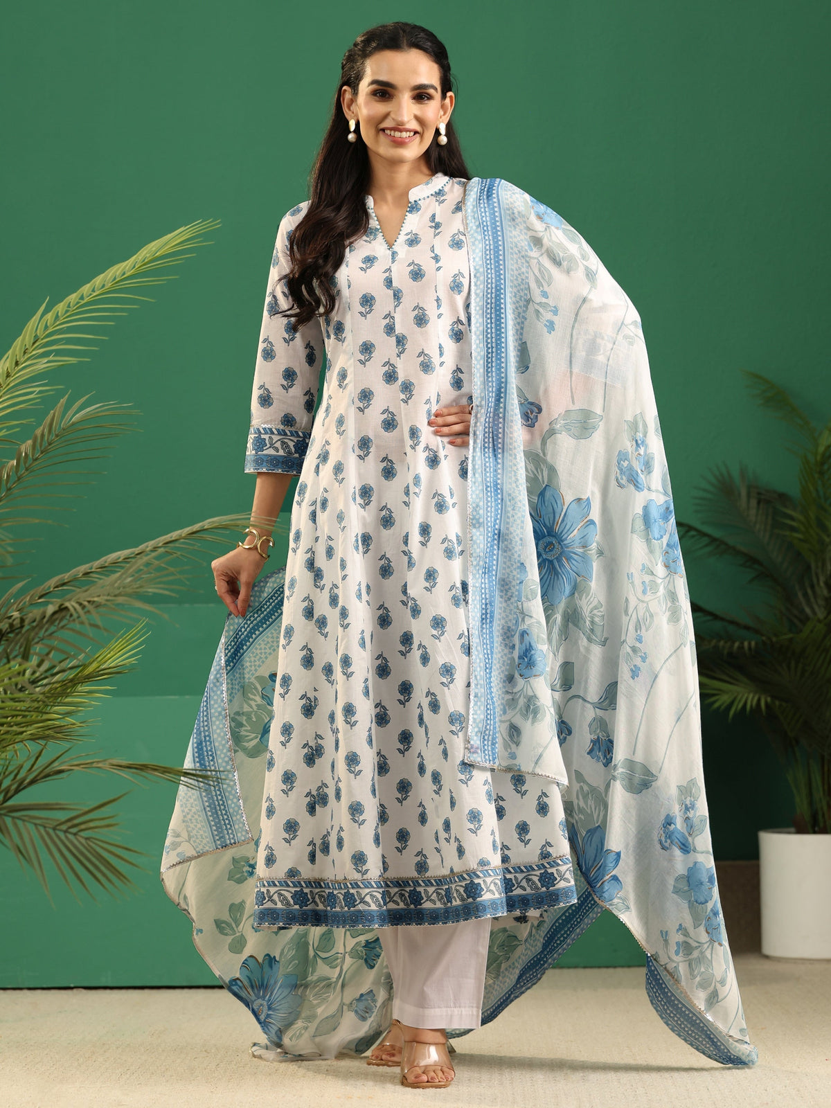 Anouk White Floral Printed Cotton Anarkali Suit Set