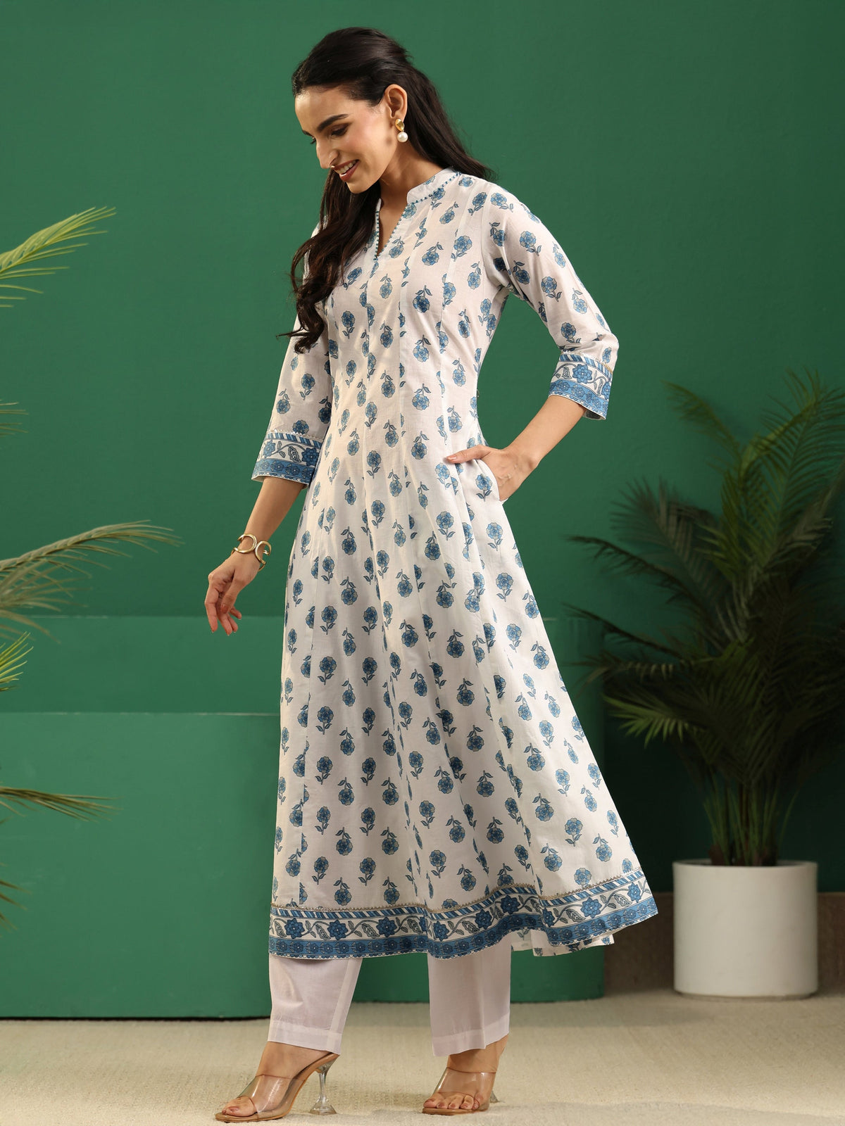 Anouk White Floral Printed Cotton Anarkali Suit Set