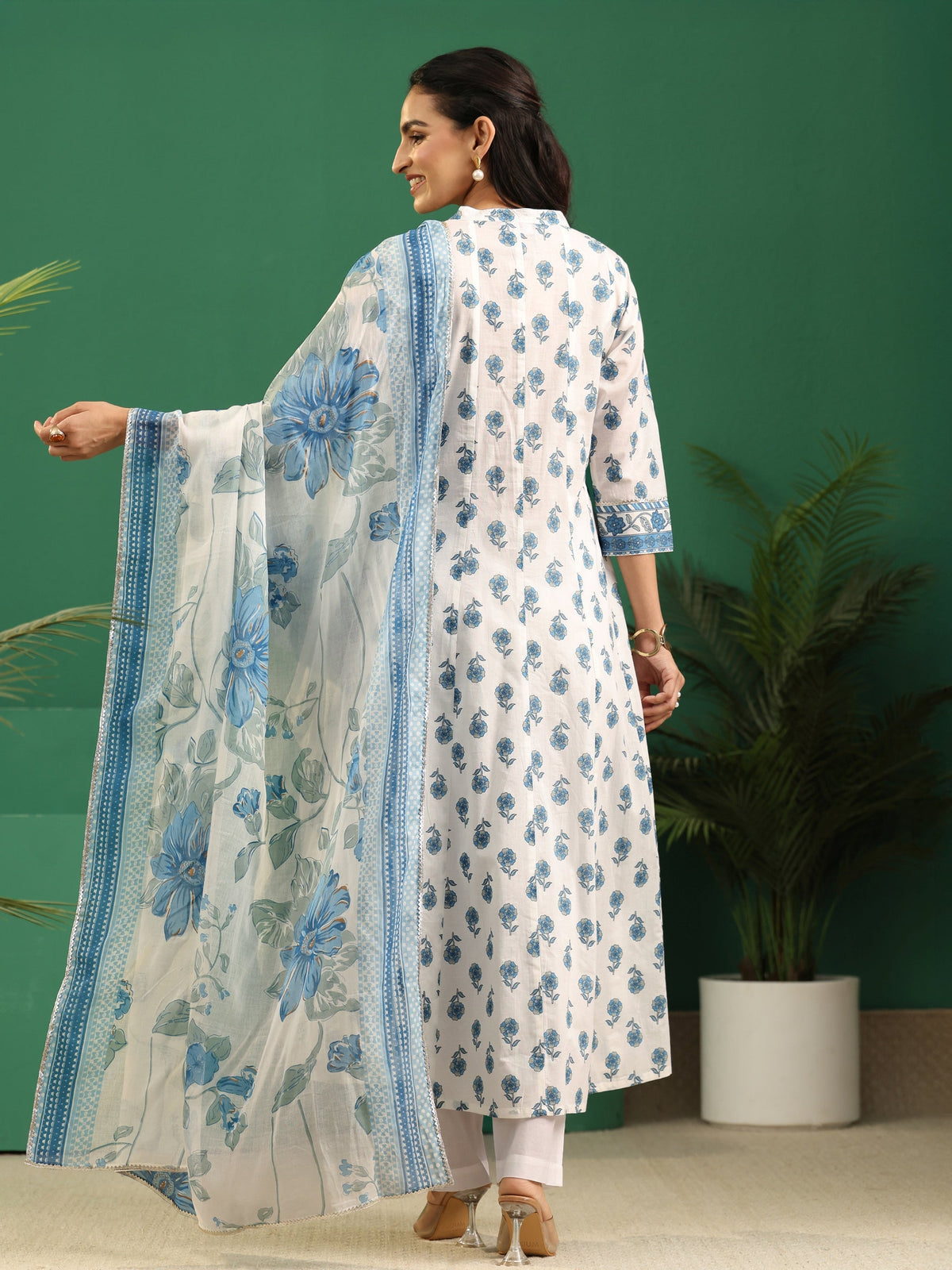 Anouk White Floral Printed Cotton Anarkali Suit Set