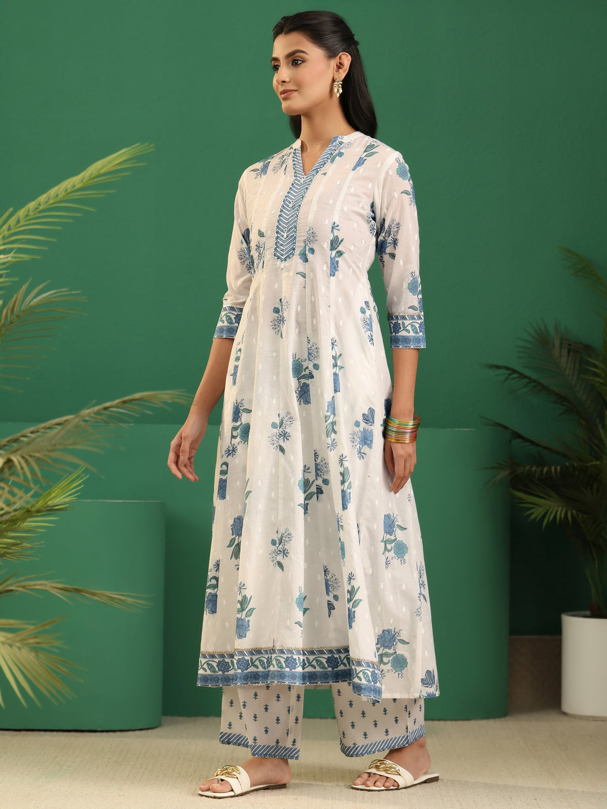 Anouk White Floral Printed Cotton Anarakali Suit Set