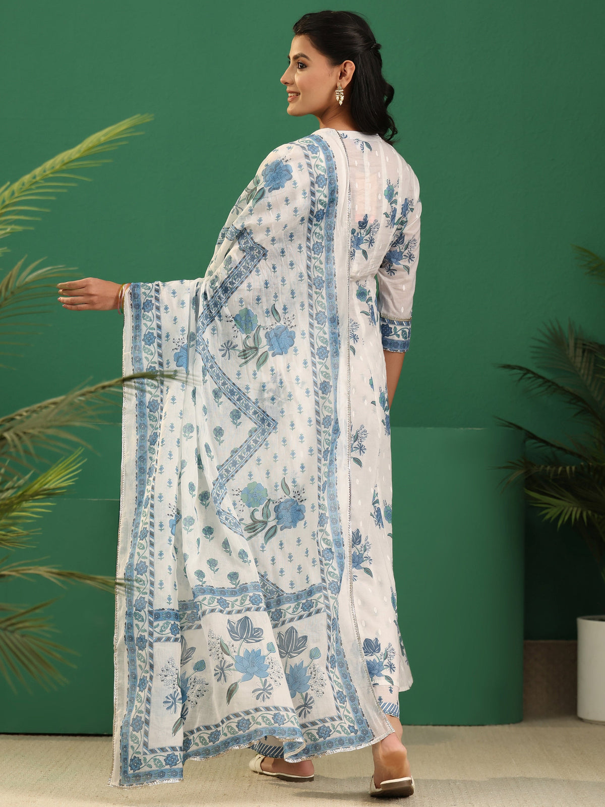 Anouk White Floral Printed Cotton Anarakali Suit Set